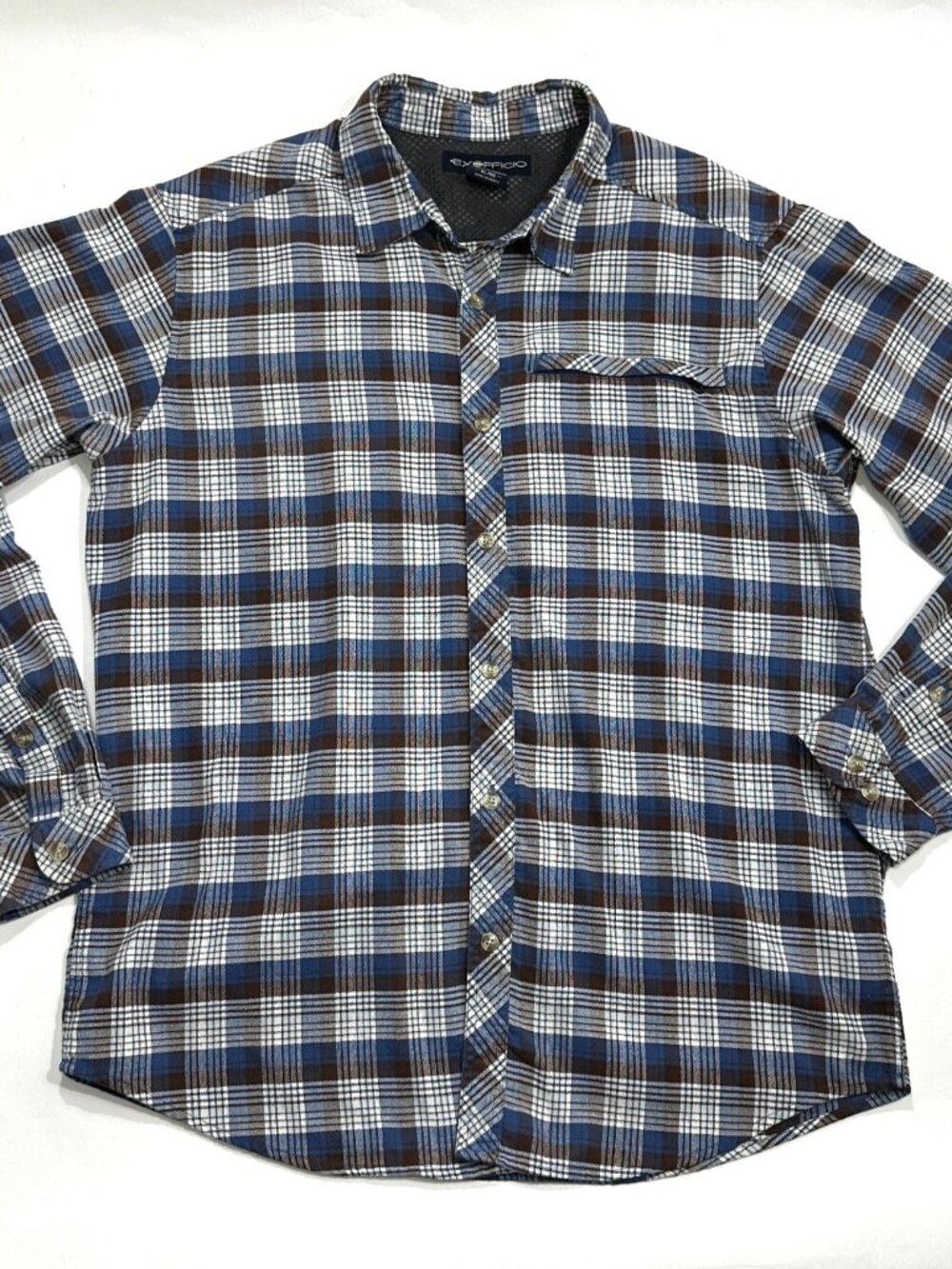 ExOfficio Men's XL Plaid Button Up Shirt Blue Brown White Long Sleeve Outdoor - Picture 1 of 16